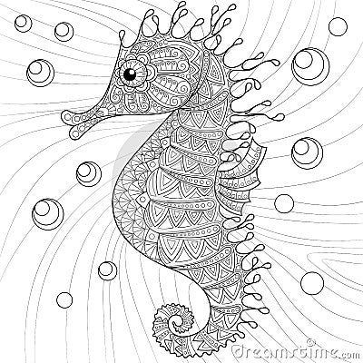 Seahorse. Adult antistress coloring page Vector Illustration