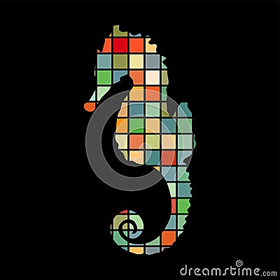 Seahorse aquatic mosaic color silhouette animal background black Vector Illustration