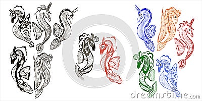 Fantastic seahorses look like marine dragon decorative style vector set. Vector Illustration