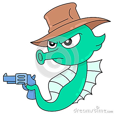 Seahorse cowboy in the role of sheriff carrying a gun, doodle icon image kawaii Vector Illustration