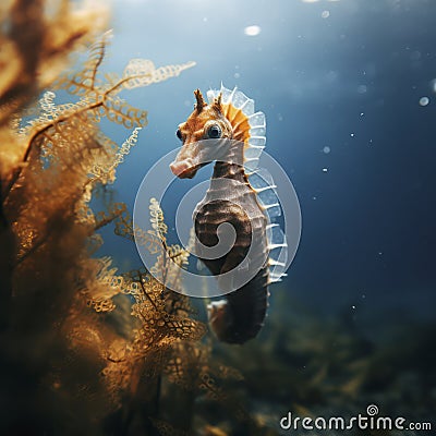 a seahorse holding onto seaweed Stock Photo