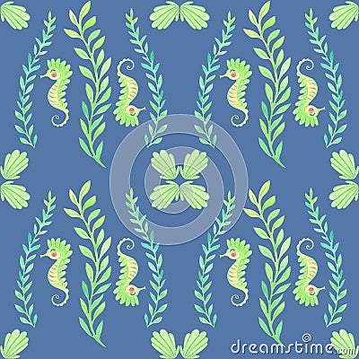 Seahorse and seaweed seamless pattern Stock Photo