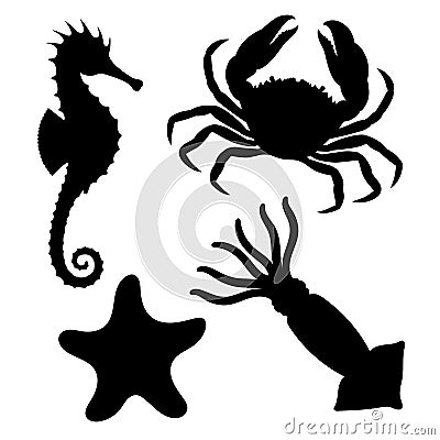 Seahorse, starfish, crab and squid graphic signs set Cartoon Illustration