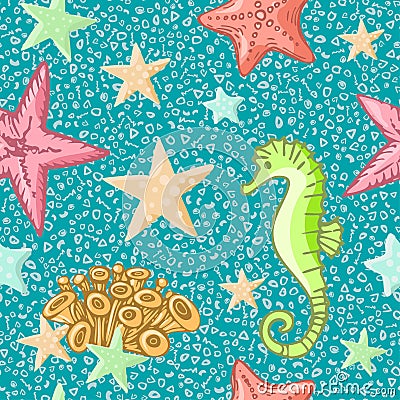 Seahorse and starfish seamless pattern on blue background. Sea life summer background. Cute sea life background. Design Vector Illustration