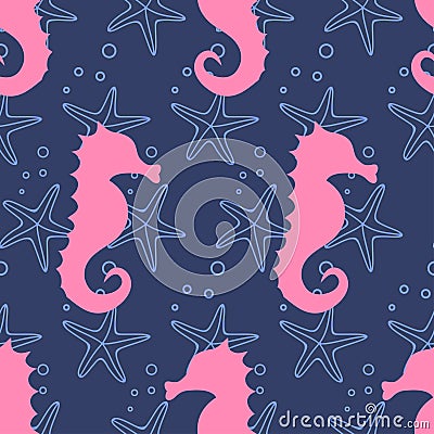 Seahorse and starfish seamless pattern on blue background. Vector Illustration