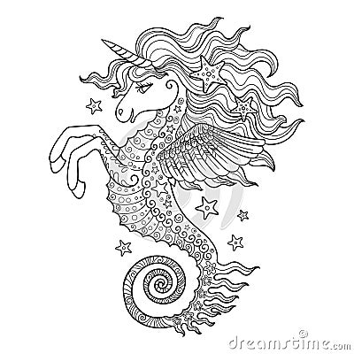 Seahorse unicorn. Black and white. Vector Vector Illustration