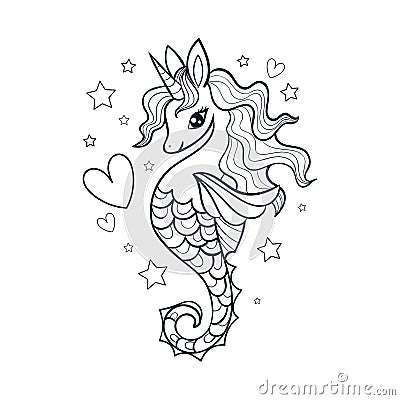 Seahorse, unicorn vector black and white illustration. Doodle style. Vector Vector Illustration