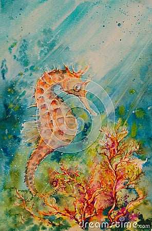 Seahorse watercolors painted. Stock Photo