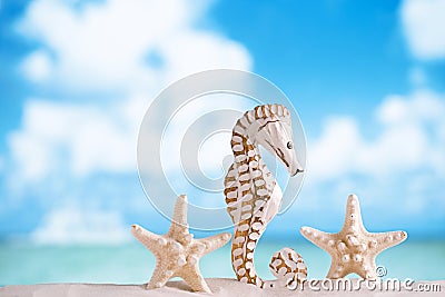 Seahorse with white starfish on white sand beach, ocean, sky an Stock Photo