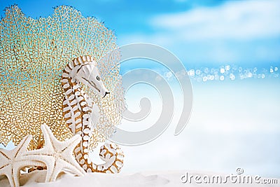 Seahorse with white starfish on white sand beach, ocean, sky an Stock Photo