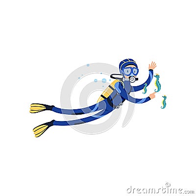 Seahorses and diver in underwater world. Summer vacation. Man in wetsuit, swimming goggles, flippers and equipment for Vector Illustration