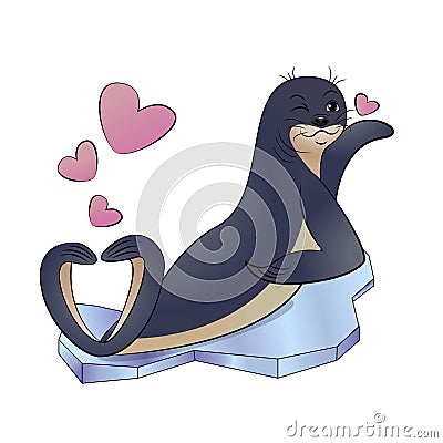 Seal animal winks and sends a kiss with hearts. Vector Illustration