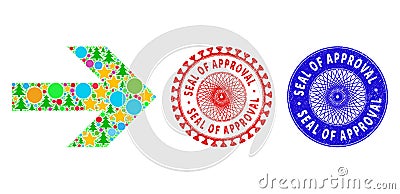 Seal of Approval Textured Seal Stamps and Arrow Right Collage of New Year Symbols Vector Illustration