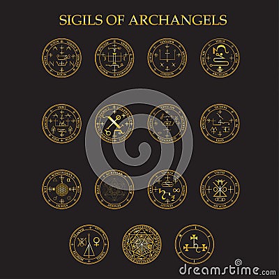 Seal of The Archangels list, Spiritual Protection. God`s mighty arm of strength, set Vector Illustration