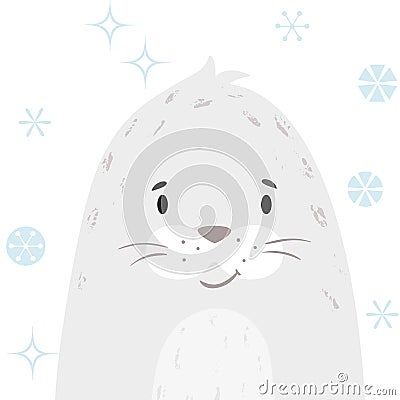 Seal baby winter print. Cute animal snowy christmas card Vector Illustration