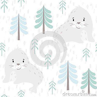 Seal baby winter seamless pattern. Cute animal in snowy forest christmas print. Vector Illustration