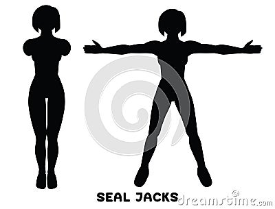 Seal Jacks. Sport exersice. Silhouettes of woman doing exercise. Workout, training Cartoon Illustration