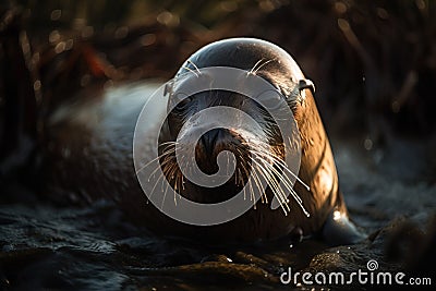a seal is laying in the water and looking at the camera with a sad look on his face and eyes, with his head resting on the Stock Photo