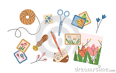 Seal, postal stamps, postcard, flower, postmarks, twine spool for postcrossing and DIY mail decor. Post cards, craft Vector Illustration