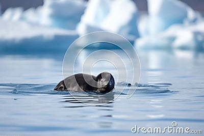 a seal pup floating on a small iceberg, its flippers paddling in the water Stock Photo