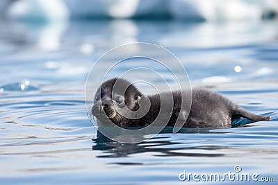 a seal pup floating on a small iceberg, its flippers paddling in the water Stock Photo