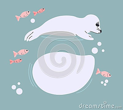 Seal pup with speech bubble on neutral background with fish and bubbles. Vector illustration with lying seal animal in a flat Cartoon Illustration