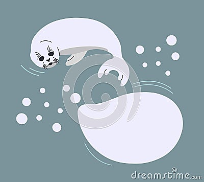 Seal pup with speech bubble on neutral background with snowflakes. Vector illustration with lying seal animal in a flat Vector Illustration