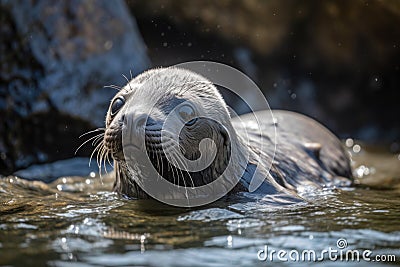 seal pup sunning itself on a rock, surrounded by glistening water Stock Photo