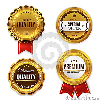 Seal quality labels gold badges. Sale and discount golden 3d medals with red ribbons, premium stamps and genuine Vector Illustration