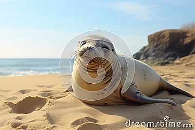 A seal rests lying on a sunny beach Stock Photo