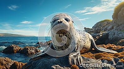 A seal sitting on a rock. Generative AI. Stock Photo