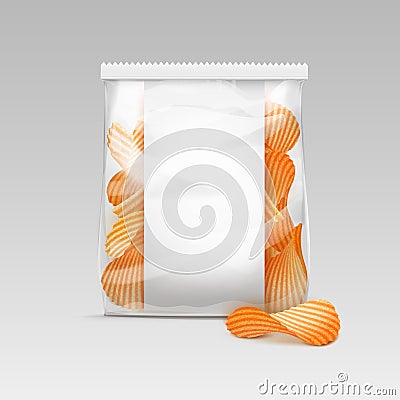 Sealed Transparent Plastic Bag with Potato Chips on White Background Vector Illustration