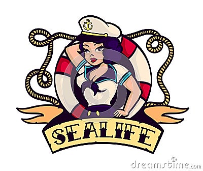 Sealife! pin-up sailor girl with lifebuoy cartoon vector Vector Illustration