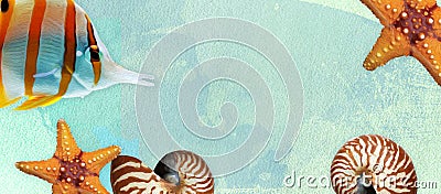 Summer banner with oil paint and watercolor brushes. Seashell, starfish and fish on a marine background with text space. Stock Photo