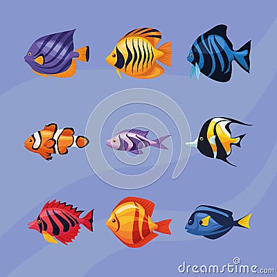 sealife underwater nine icons Vector Illustration