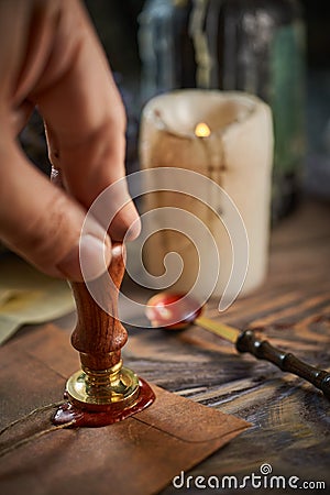 Sealing wax on ancient papers, antique stamp, and old documents Stock Photo