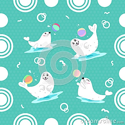 Seals playing ball seamless pattern cartoon cute using for kids Vector Illustration