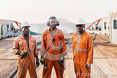 Seaman AB or Bosun on deck of offshore vessel or ship Stock Photo