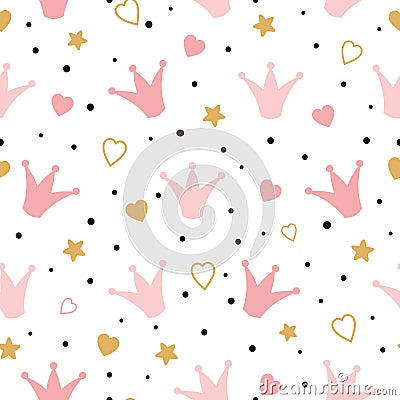 Seamess pattern with doodle pink crowns hearts Vector baby girl wallpaper Little princess design Cartoon Illustration