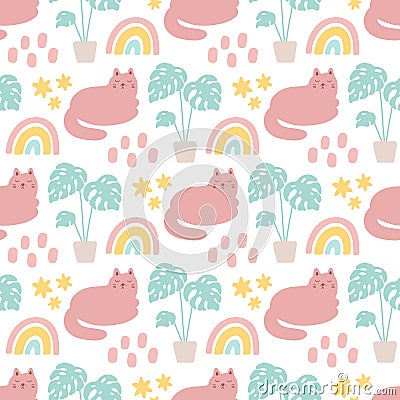 Seamess pattern in Scandinavian style with cat, rainbow, stars and palm. Vector Illustration