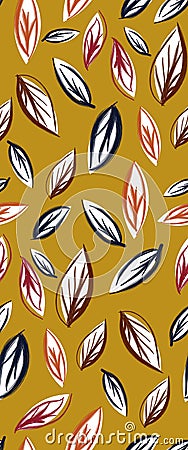Seamlees Hand Drawn Leaves, on Yellow Background, Ready for Textile Prints. Stock Photo