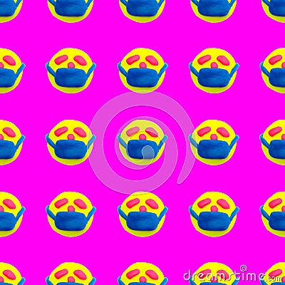 A seamlees pattern, plasticine face with a medicine protective mask, texture, layout. Covid-19. Corona virus Stock Photo