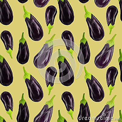 Seamles aubergine pattern Eggplant drawn in a realistic style on a pile yellow background. Vegetables for diet, vegetarian, Stock Photo