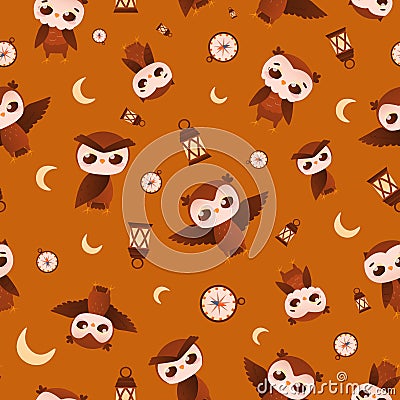 Seamles pattern with cute cartoon owl character in different poses, moon, laterns and compass, night travel ornate Vector Illustration