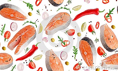 Seamles pattern of flying salmon with vegetables and herbs iolated on white Stock Photo