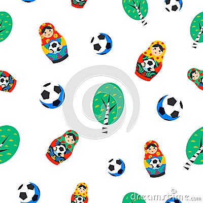 Seamles pattern with Russian Matrioshka, birch and football ball in flat style. Russia symbol with soccer ball Vector Illustration