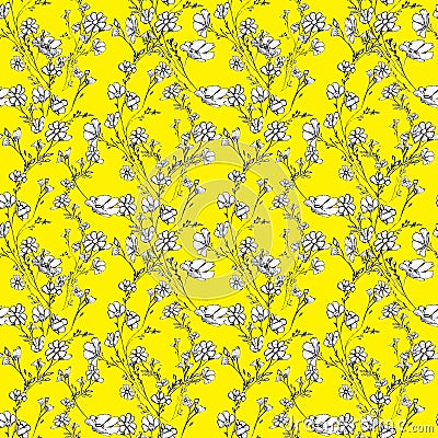 Seamles pattern of tree branch with flowers and leaves, graphic hand drawn, blossom tree on yellow background. Simple pencil art Stock Photo