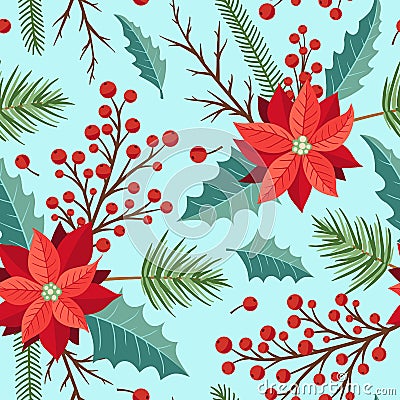 Seamles pattern with winter evergreen plants Vector Illustration