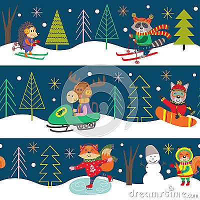 Seamles pattern winter fun with animals Vector Illustration