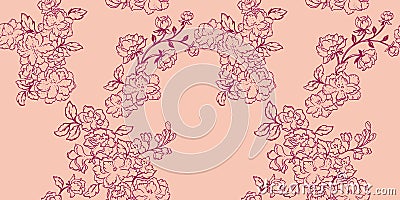 Seamless abstract, artistic, simple, flowers branches pattern. Vector hand drawn sketch lines, outlines floral. Vector Illustration